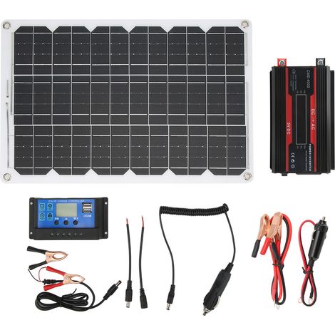 Panneau solaire 18W18V avec écran couleur, double USB 4.2A, contrôleur 30A 12V/24V, onduleur 12V à 230V pour camping, noir (1/5)