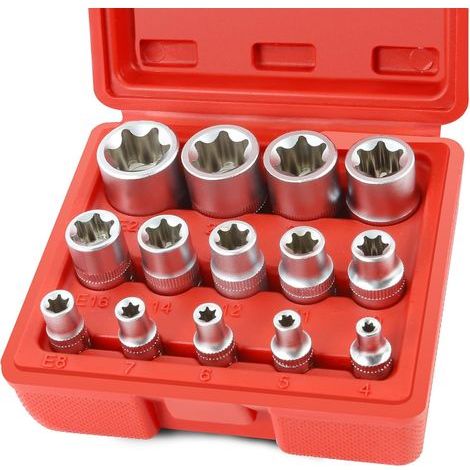 Satz mit 14 E-Torx-Sternschlüsseln, E4- bis E24-Profilnüsse, 1/2"-Koffer, 1/4" (rot) Torx-Steckschlüsselsatz (1/5)