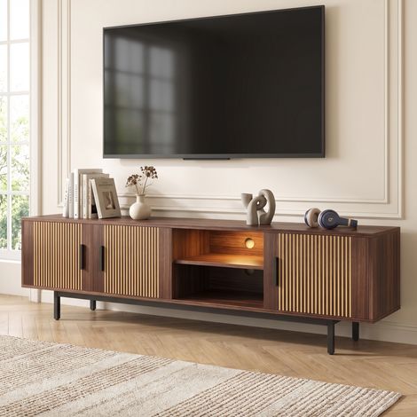 Meuble TV 200 cm avec Bande LED Intelligente et Portes en Verre Trempé, Style Moderne, Noyer et Noir (1/5)