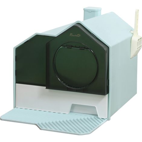 Cassetta igienica per gatti a forma di casetta, verde, con filtro antisabbia e paletta (1/4)