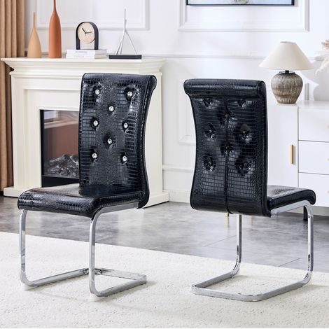 Chaise de salle à manger en métal et PVC noir, effet crocodile, avec boutons aspect cristal,57×41×101.5cm (1/5)