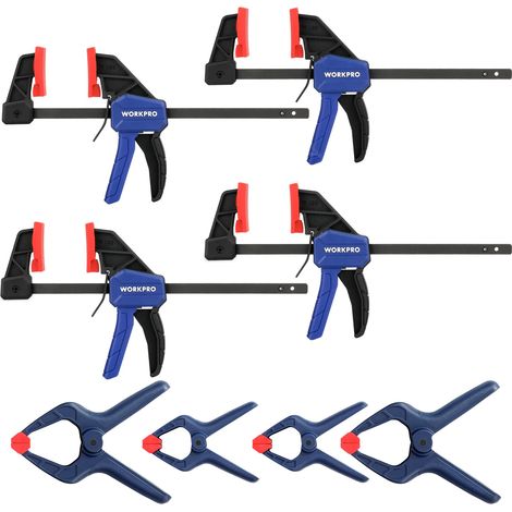 WORKPRO Set di Mini Morsetto da Falegname 8 Pezzi, Include Morsetti a Barra 4 Pezzi, Morsetti a Molla 4 Pezzi, Adatto per Lavori Domestici, Fai da Te, Falegnameria e Studi Fotografici (1/5)
