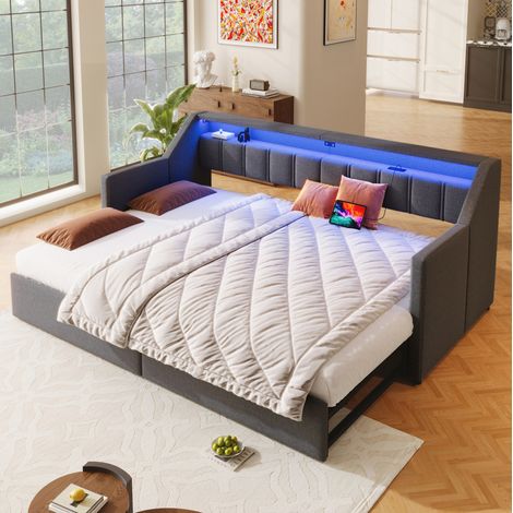 Letto Estraibile 90x200 cm con Testiera con Porte USB/Type-C Grigia (1/5)