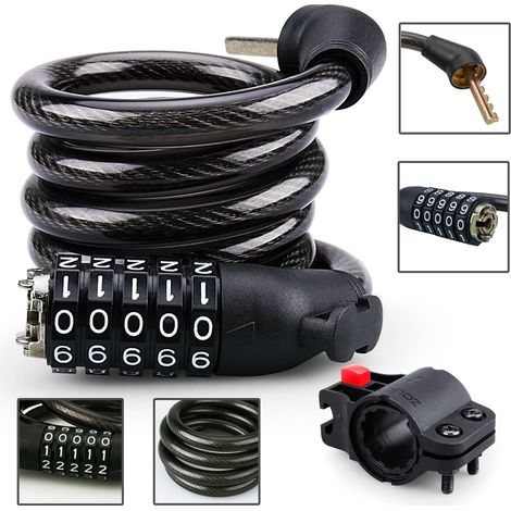 MINKUROW Lucchetto Per Bici, Lucchetto A Combinazione A 5 Cifre Di Sicurezza Maggiore Lucchetto Per Ruota Lucchetto Per Cavo Lucchetto Per Moto 12mm Diametro 1.2m Lungo Nero (1/5)