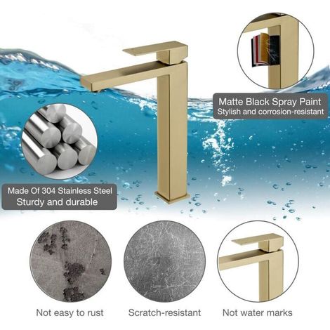 Robinet de salle de bain doré en acier inoxydable, robinet de lavabo haut avec noyau de valve en céramique, mitigeur de lavabo haut et silencieux, hauteur de débit de 250 mm