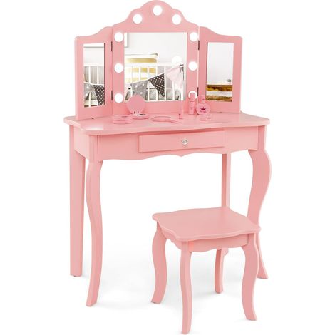 COSTWAY Tocador de Maquillaje para Niña con Taburete, Juego de Maquillaje Princesa 2 en 1 con Espejo Triple Plegable de Vidrio y Cajón para Niñas, Juego de Mesa y Silla (Rosa)
