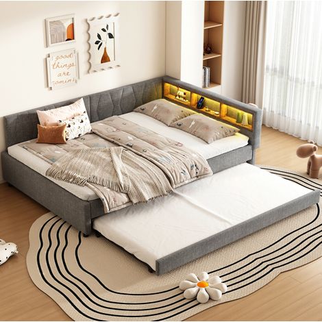Cama nido 140x200 cm gris en lino y MDF con LED, USB-C y compartimentos (1/5)