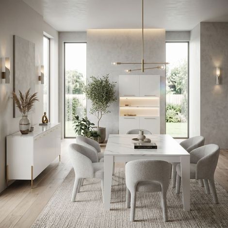 Ensemble séjour table 190cm blanc et marbre pieds et poignées métal doré - CARAT (1/5)