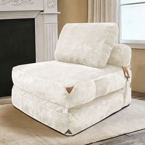 Sillón lounge individual blanco en franela sintética con almacenamiento integrado y borlas decorativas (1/4)