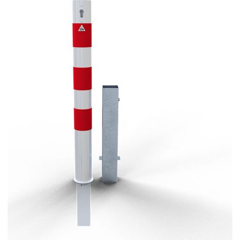 Schake Absperrpfosten herausnehmbar aus Stahlrohr verzinkt Ø89x2,9mm weiß mit rot reflektierenden Leuchtstreifen, Profilzylinder und Stahlkappe 900mm Überflur