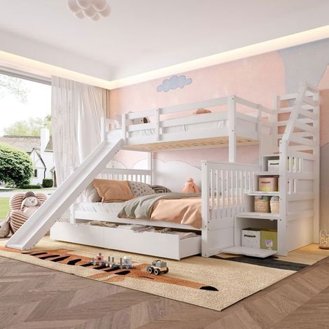 Lit superposé enfant - SOGEU - Toboggan & Tiroirs - 90x200/140x200 - Pin & MDF blanc - Escalier sécurisé (1/5)