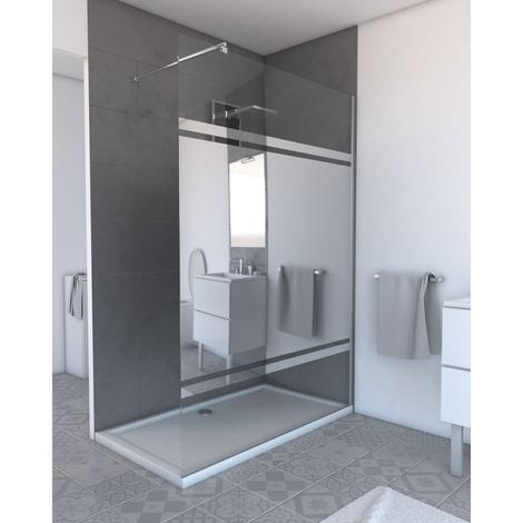 paroi de douche avec bande miroir 140x200cm - verre 8mm - profilé chrome - freedom 2 mirror