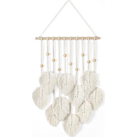 Macramé Tenture Murale Boho Déco, Tapisserie Tenture Murale Macramé Tapisserie avec Feuilles Vertes pour Chambre Chambre D'enfants (Beige) (1/5)