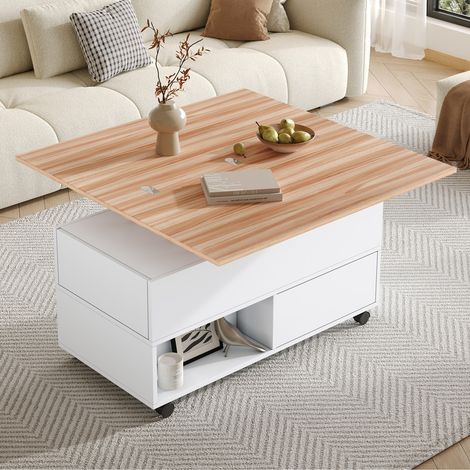 Table basse - 100x50x52cm - 4 roulettes - 4 tiroirs - Blanc+Chêne (1/5)