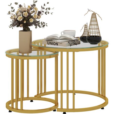 HOMCOM 2 Pieces Round Nesting Coffee Tables with Tempered Glass Top, Gold Tone