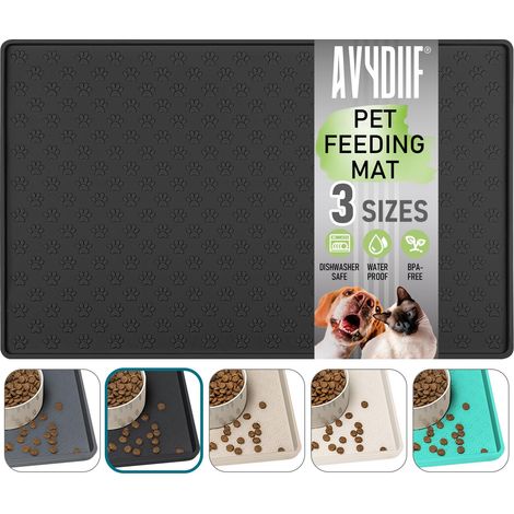 Tapis de gamelle pour chien, tapis de nourriture pour chiens et chats - Tapis d'alimentation antidérapant en silicone - Tapis imperméable avec bord - Passe au lave-vaisselle (M : 48 × 30 cm, noir) (1/5)