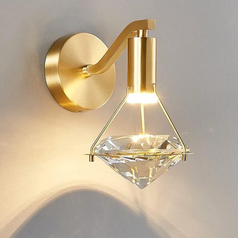 Applique Murale en Cristal à LED 3W Lampe Murale en Cristal de Diamant Lampe de Chevet Dimmable 3000K-6000K, Corps Laiton, Éclairage de Décoration D'intérieur Moderne pour Chambre à coucher, Salon, Or