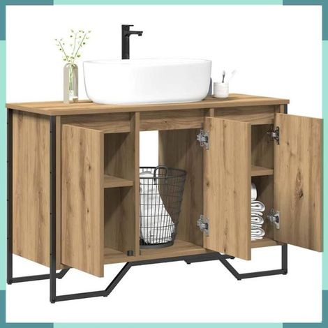 Cabinet sous évier - Chêne artisanal - Patiné - Grand espace de stockage - 91 x 35 x 60 cm (1/5)