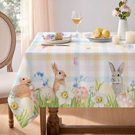Nappe de Pâques Rectangulaire 180x140 cm Anti Tache Nappes à carreaux colorée avec Lapins et Œufs élégante Decoration Table (1/5)