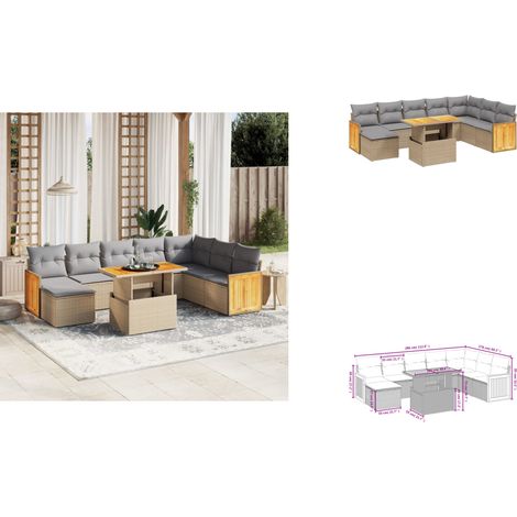 Salon de jardin avec coussins 9 pcs beige résine tressée - Ensemble Salon De Jardin - Mobilier Extérieur - Résine Tressée - Rotin Synthétique - Table Extensible (1/3)