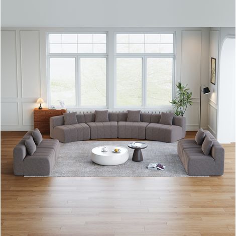 Módulo de sofá curvo gris de chenilla con 2 cojines, diseño modular estilo teclas de piano (1/5)
