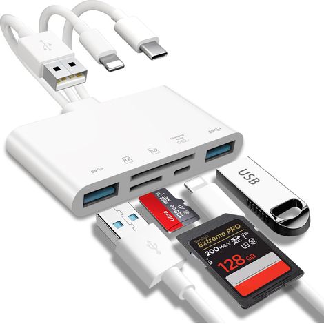 Lecteur de cartes mémoire 5-en-1, adaptateur USB OTG et lecteur SD pour i-Phone/i-Pad, USB-C et USB-A, multitâche (1/5)