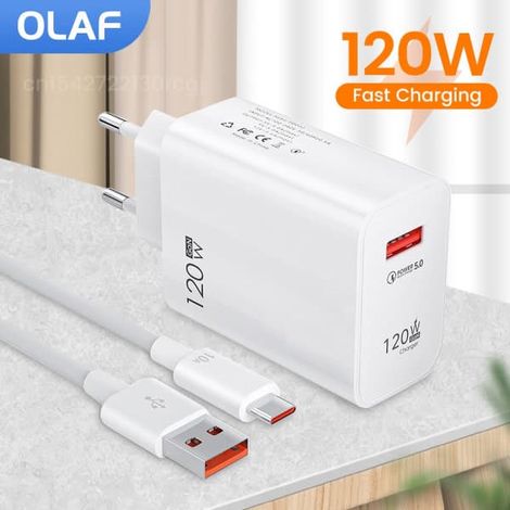 Chargeur USB 120 W Quick Charge QC3.0, câble USB-C, chargeur de téléphone portable compatible Huawei, Samsung et Xiaomi, charge rapide, blanc, UE, 10 A (1/5)