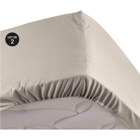 Lot de 2 Drap housse 100% percale ultra doux 180 x 200 cm 78 fils bonnet 30 cm Lin (1/2)
