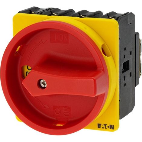 Eaton Hauptschalter, P3, 100 A, Einbau, 3-polig + N, NOT-AUS-Funktion, mit rotem Drehgriff und gelbem Sperrkranz, abschließbar in 0-Stellung, 019890