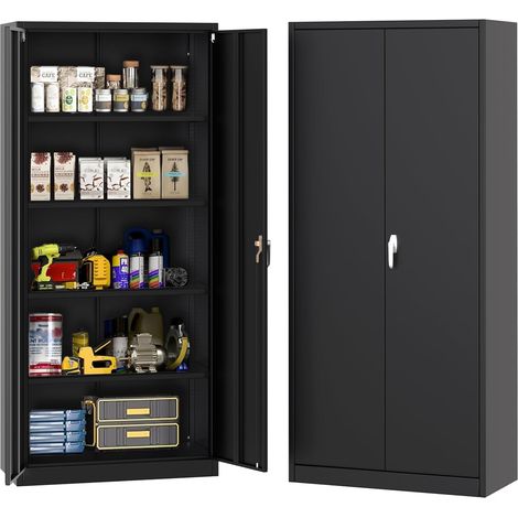 grand capacité et robustesse – Armoire de rangement en métal, 180 cm, 4 étagères modulables, portes verrouillables, pieds réglables – Pour entrée, cuisine, garage, bureau – Sans roulettes – Noir (1/5)