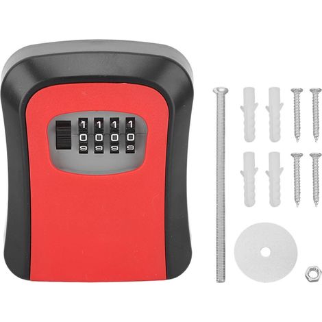 Boîte à clés à code réinitialisable portable, serrure à combinaison, capacité 5 clés, montage mural, pour intérieur et extérieur, rouge (sans couvercle anti-poussière) (1/5)