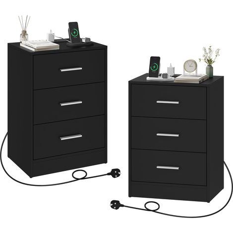 WOLTU 2x Simple 3-Drawer Nightstand Side Table with Charging Station for Living Room/Bedroom,Black