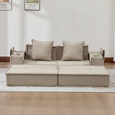 Canapé-lit deux places moderne — Composé d'un confortable canapé en tissu deux places et de deux coussins décoratifs. Inclut un élégant pouf décoratif doté d'un espace de rangement latéral et d'un por (1/4)