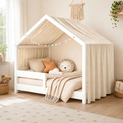 Baldaquin Lit Enfant Maison – 100% Coton, Betthimmel Maison, Voilage Lit Cabane Chambre Enfant, Décoration Baldachin Chambre Fille Garçon, Ruban Décoratif 5 m, 135 x 360 cm (Gris Abricot) (1/5)
