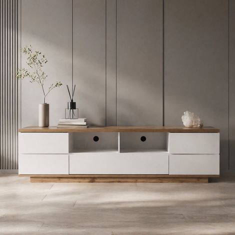 Mueble para TV (180x38x46 cm), diseño de rejilla, 5 puertas, MDF blanco (1/5)