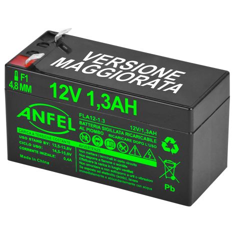 batteria piombo 12v 1,3ah 1,2ah ermetica (VRLA), adatta per UPS Gruppi di Continuita', Videosorveglianza, Sistemi di allarme, mobilita' elettrica, giocattoli, attacco faston F1 4,8mm