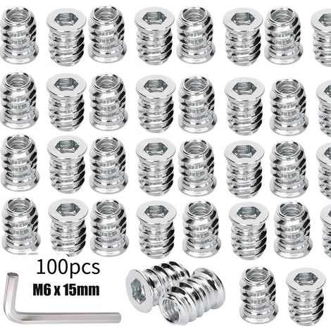 Lot de 100 écrous à visser M6 x 15 mm  Insert fileté pour bois  Manchons à visser à six pans creux pour meubles en bois  Insert fileté  Écrous hexagonaux à six pans creux en acier galvanisé