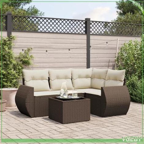 Salon de jardin - 3221322 - Résine tressée marron - Coussins crème amovibles - Modulaire anti-UV (1/5)