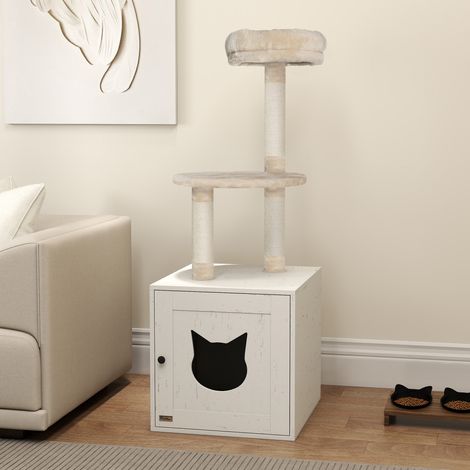 Katzenbaum mit Katzentoilette, 2-in-1-Spielturm 129 cm mit Katzentoilettenabdeckung, Kratzstämmen, cremefarben