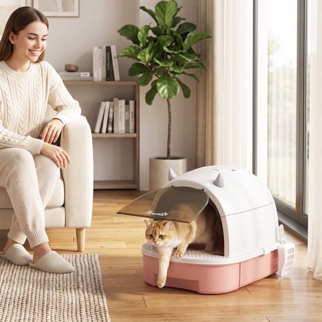 Bac à litière fermé pour chat avec plateau amovible, pelle et filtre à charbon actif, rose (1/5)