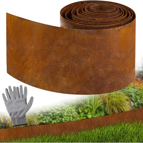 5 m x 15 cm Bordure de pelouse en Acier Corten, Bordure de pelouse en Acier Corten pour pelouse DIY, Bande de pelouse avec Rouille, 1 Paire de Gants Incluse