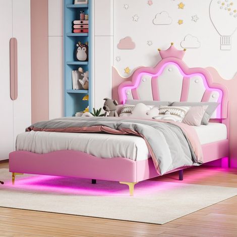 Lit enfant - Principessa Corona Nuvola - Testiera in velluto rosa con LED RGB - Rete a doghe silenziosa - Carico 300 kg
