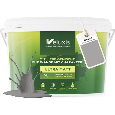 Peinture murale Gris clair Anthracite Mat pour intérieur – Pouvoir couvrant classe 1, sans COV, sans apprêt, à faible écoulement – Salon et chambre – 5 L – Veluxis (Attractive Anchovies) (1/5)