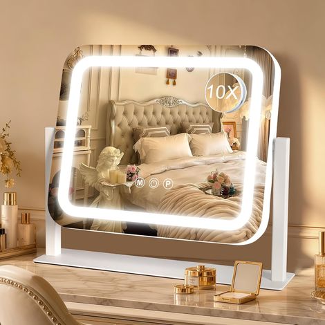 Miroir Coiffeuse, 35 x 30 CM Miroir de Maquillage LED avec éclairage à 3 Couleurs et Intensité Réglable, Commande par écran Tactile Intelligent, Pivotant à 360°, 14"× 12", Blanc (1/5)