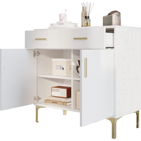 Buffet moderne 2 portes 2 tiroirs 80x35x79,5 cm - Meuble rangement salon/entrée/salle à manger avec pieds et poignées métal - Blanc (1/5)