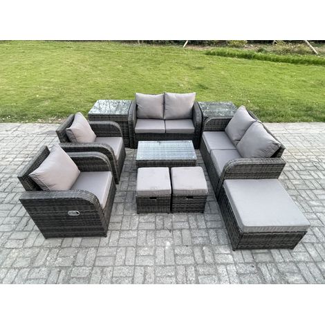Fimous 9-Sitzer Rattan Gartenmöbel Set Patio Outdoor Lounge Sofa Set mit rechteckigem Couchtisch 3 Fußhocker Liebe Sofa 2 Beistelltische Dunkelgrau Gemischt (1/5)