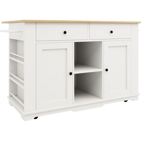 Îlot de cuisine blanc avec prise, plan de travail rabattable, MDF et métal (1/5)