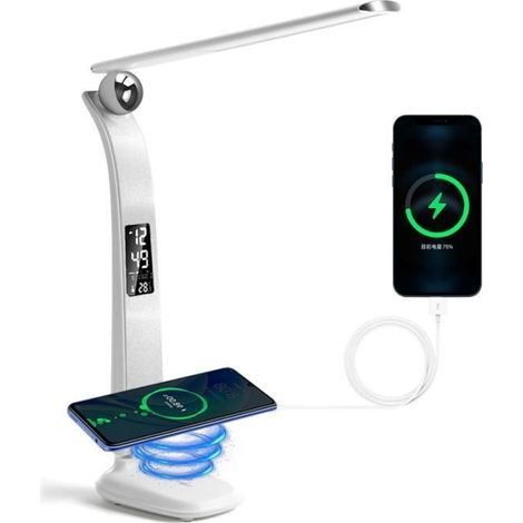 Dimmbare LED-Schreibtischlampe, 3 Modi – 3 Helligkeitsstufen – LCD-Display – Kabelloses Laden – Weiß (1/4)