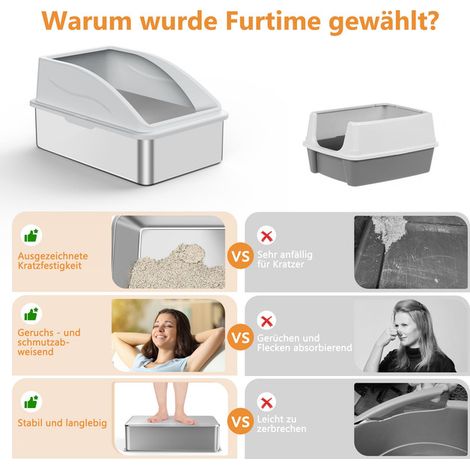 Bac à litière pour chat ouvert en acier inoxydable avec rebord haut anti-projection et tapis de litière double couche tamis cuillère inclus grand volume (1/5)