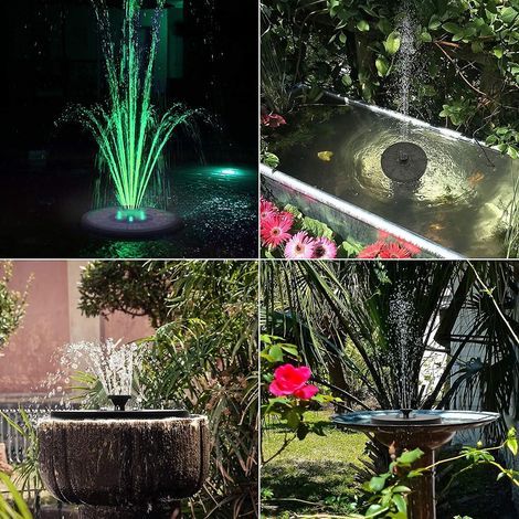 Fontaine solaire améliorée de 3 W pour bain d'oiseaux avec batterie de 2000 mAh, LED couleur, 7 buses, protection de sécurité et pompe à eau solaire. (1/4)
